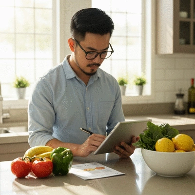 Person using a tablet to plan a grocery budget with a shopping list and fresh produce on a kitchen counter