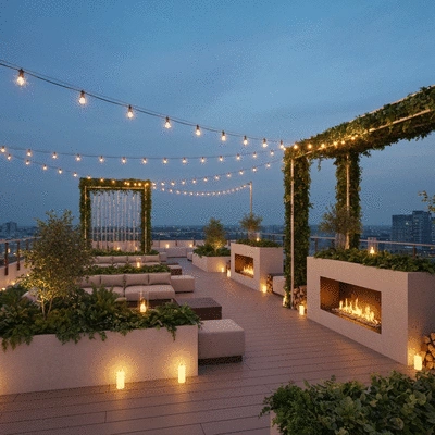 Elegant rooftop event setting with integrated greenery and string lights at dusk