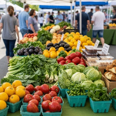 Fresh, locally sourced produce at a vibrant farmers market, no text, no words, no typography, clean image