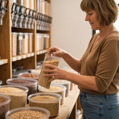 Person filling a reusable container with grains at a bulk store, hands visible, focus on sustainability and zero waste, no text, no words, no typography, 8K