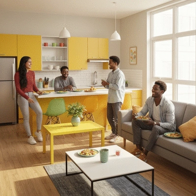 Modern shared living space in Vancouver, with diverse individuals interacting, symbolizing community and affordability