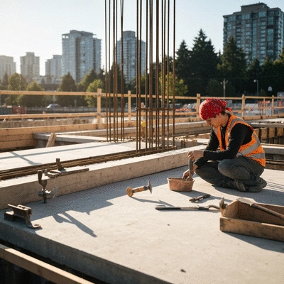 People of different ages planting trees in a community garden in Vancouver, showing collaboration and education, with green plants and gardening tools, no text, no words, no typography