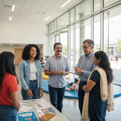 Diverse group of people smiling and interacting in a community center, representing immigration services in Vancouver