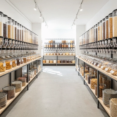 Interior of a modern, clean bulk buying store with various dispensers and reusable containers, bright natural light, no text, no words, no typography, 8K