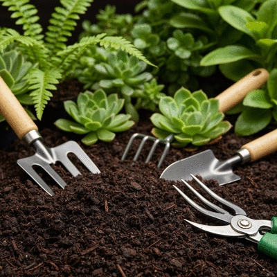 Close-up of rich, dark compost with gardening tools and green plants in the background, symbolizing healthy soil and growth, no text, no words, no typography