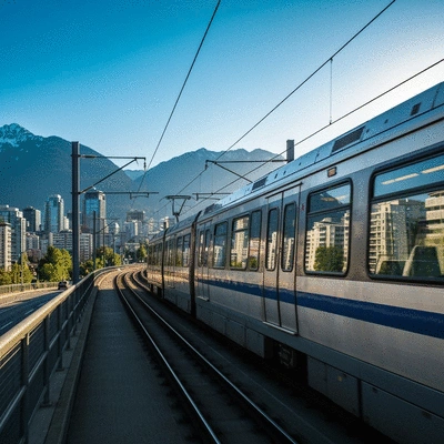 Modern Vancouver SkyTrain moving through the city with a scenic mountain backdrop