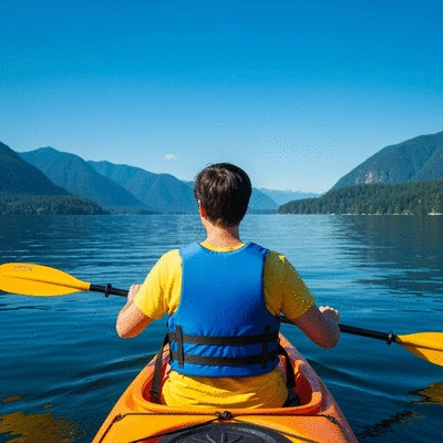 Person kayaking in Deep Cove, Vancouver with mountains in the background