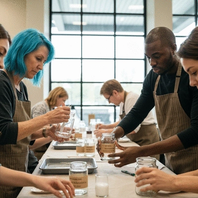 Community workshop on making DIY cleaning products, diverse group, no text