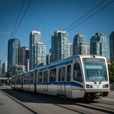 Modern SkyTrain car moving through downtown Vancouver with city skyline in background