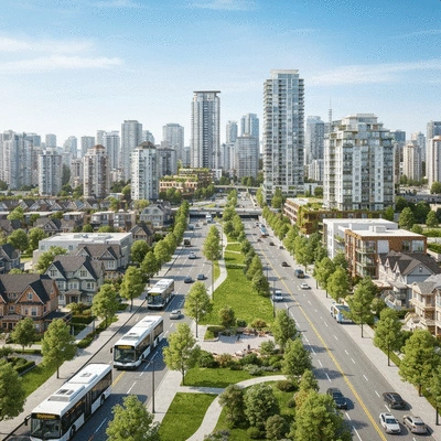 Vancouver cityscape with diverse housing, public transit, and green spaces, symbolizing affordable living options