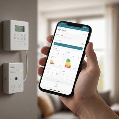 Hand holding a smartphone showing a utility company's website, with a power meter in the background