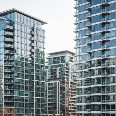 Modern apartment buildings in Vancouver, with a focus on urban living, no text, no words, no typography, clean image