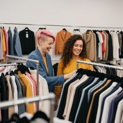 Two women happily browsing clothing racks in a brightly lit, modern thrift store