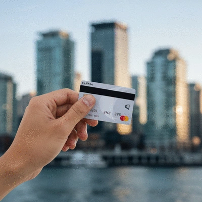 Hand holding a Canadian credit card with a blurred Vancouver cityscape in the background
