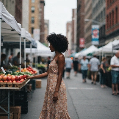 Diverse group of people happily interacting at a community food program or farmer's market, with fresh produce in the foreground