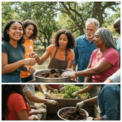 People actively participating in an outdoor composting workshop, learning new skills, with a diverse group of participants and an instructor, no text, no words, no typography
