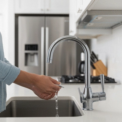 Person conserving water in a modern kitchen, no text, no words, no typography, clean image