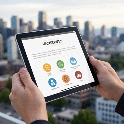 Hands holding a tablet displaying an interactive resource guide for newcomers to Vancouver, with icons representing different services