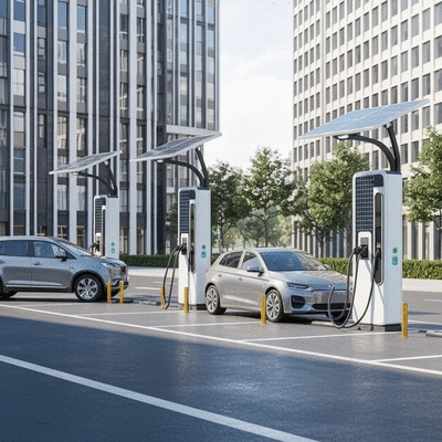 Modern electric vehicle charging station in a clean urban environment