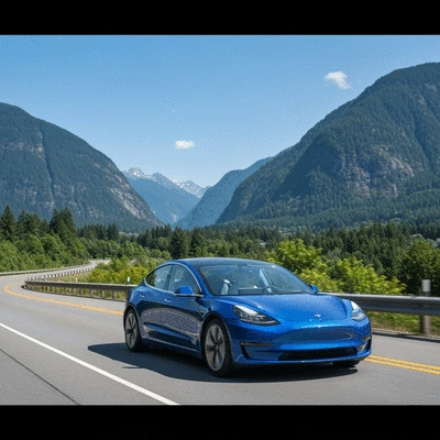 Electric car driving on a scenic road in Vancouver