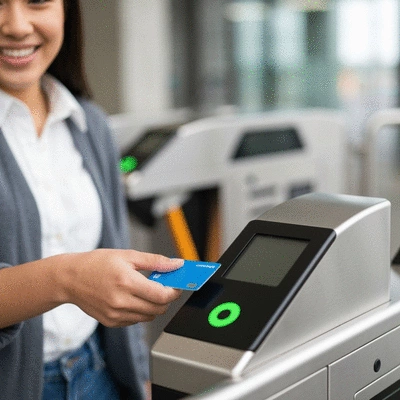 Close-up of a person tapping a Compass Card at a Vancouver transit fare gate