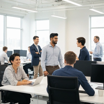 Diverse professionals networking in a modern Vancouver office setting