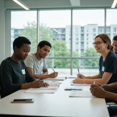 Diverse group of newcomers attending a settlement service workshop in Vancouver